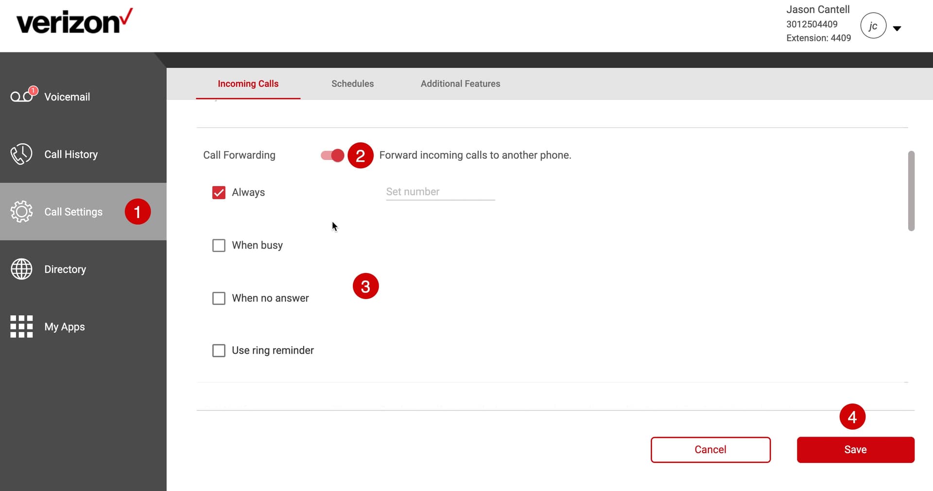 Verizon Business Call Forwarding Interface