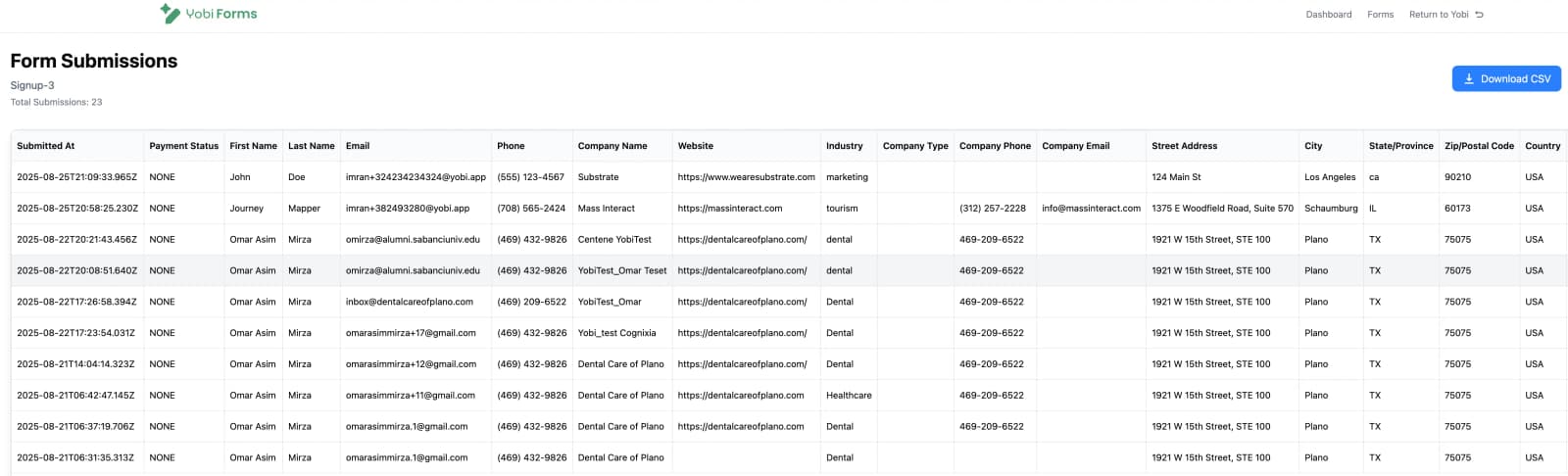 Form submissions table showing complete submission data with download CSV button and detailed form information in a clean table format