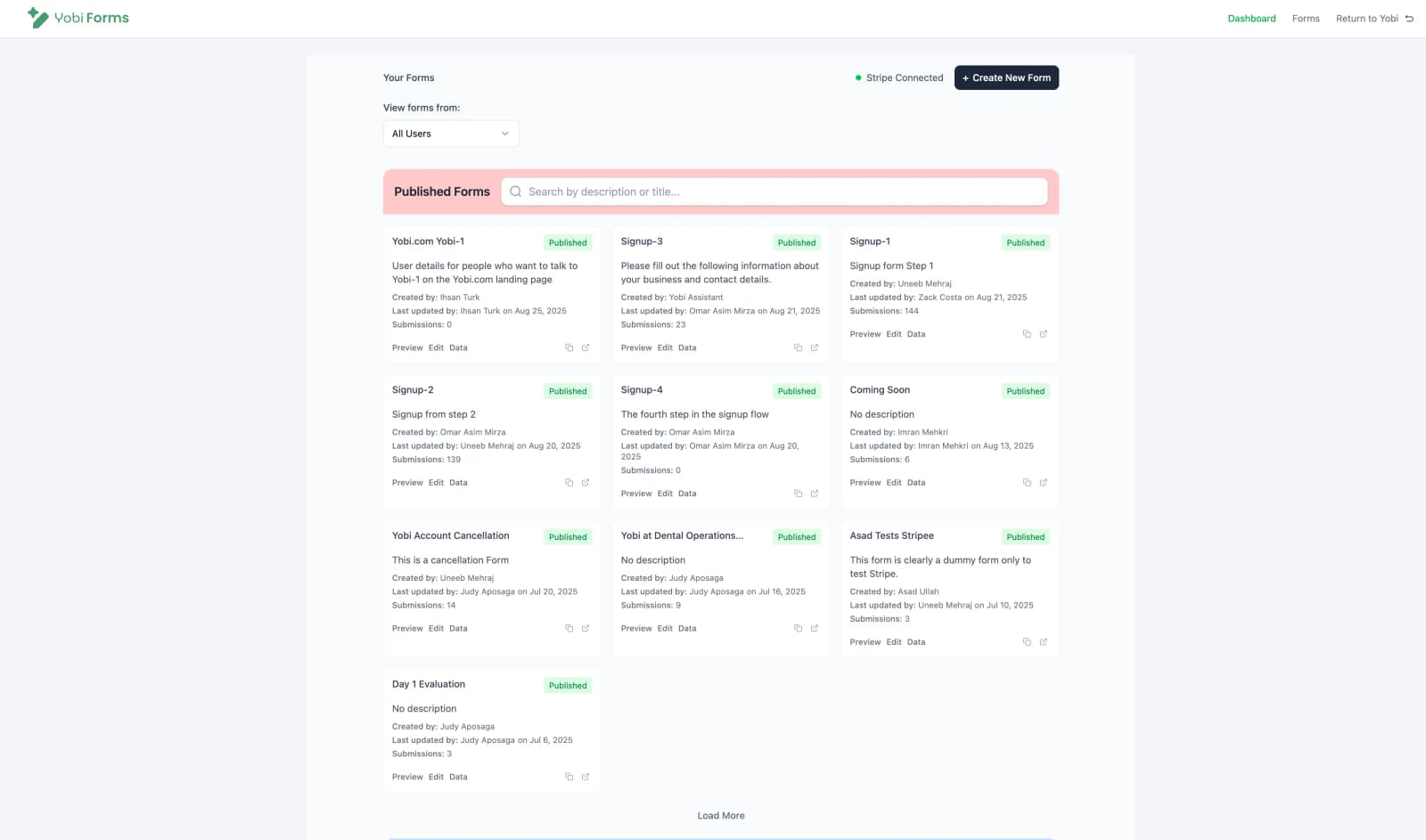 Forms dashboard showing published forms with filtering options and create new form button