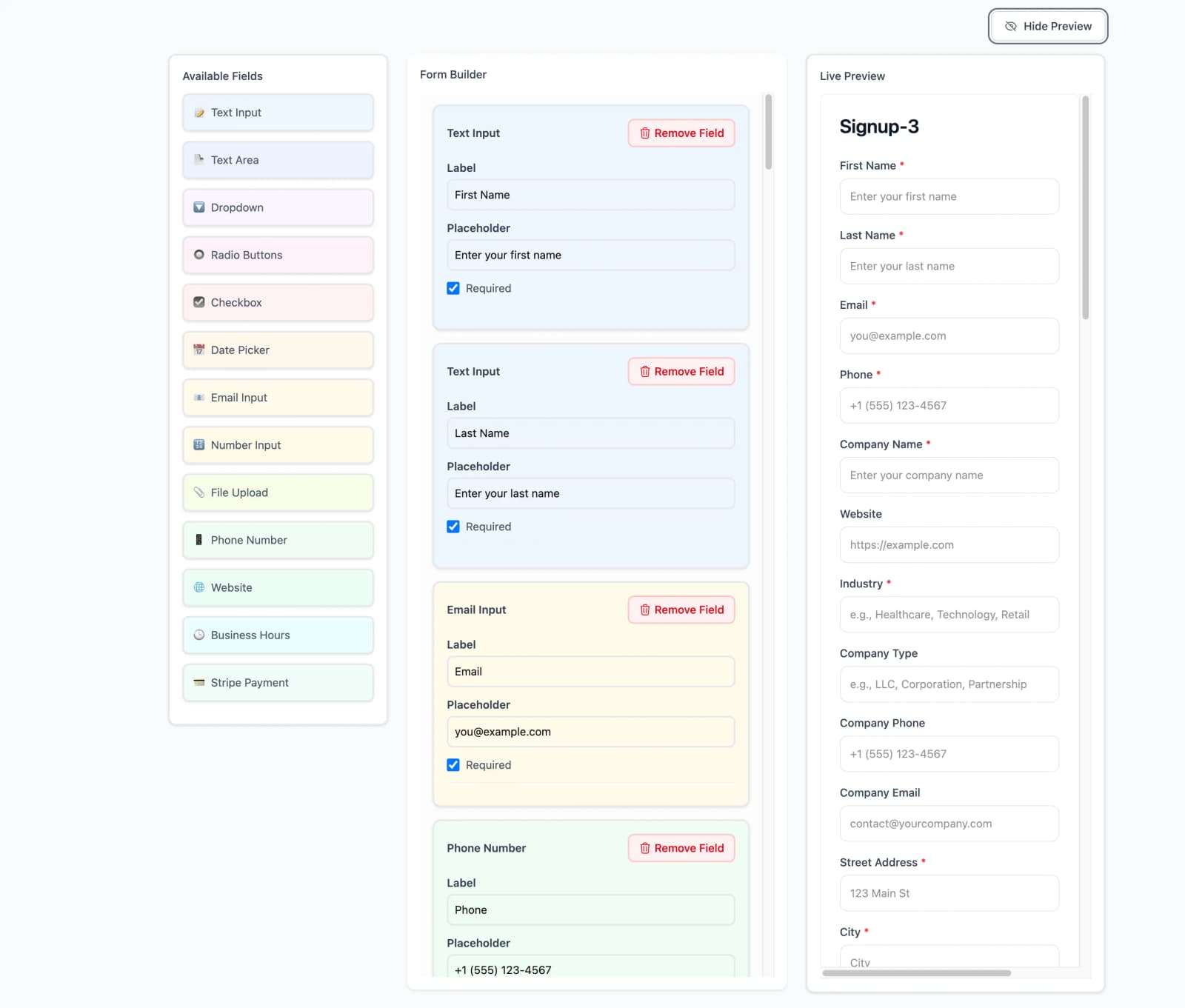 Form builder interface showing available fields, form builder panel, and live preview with three columns layout