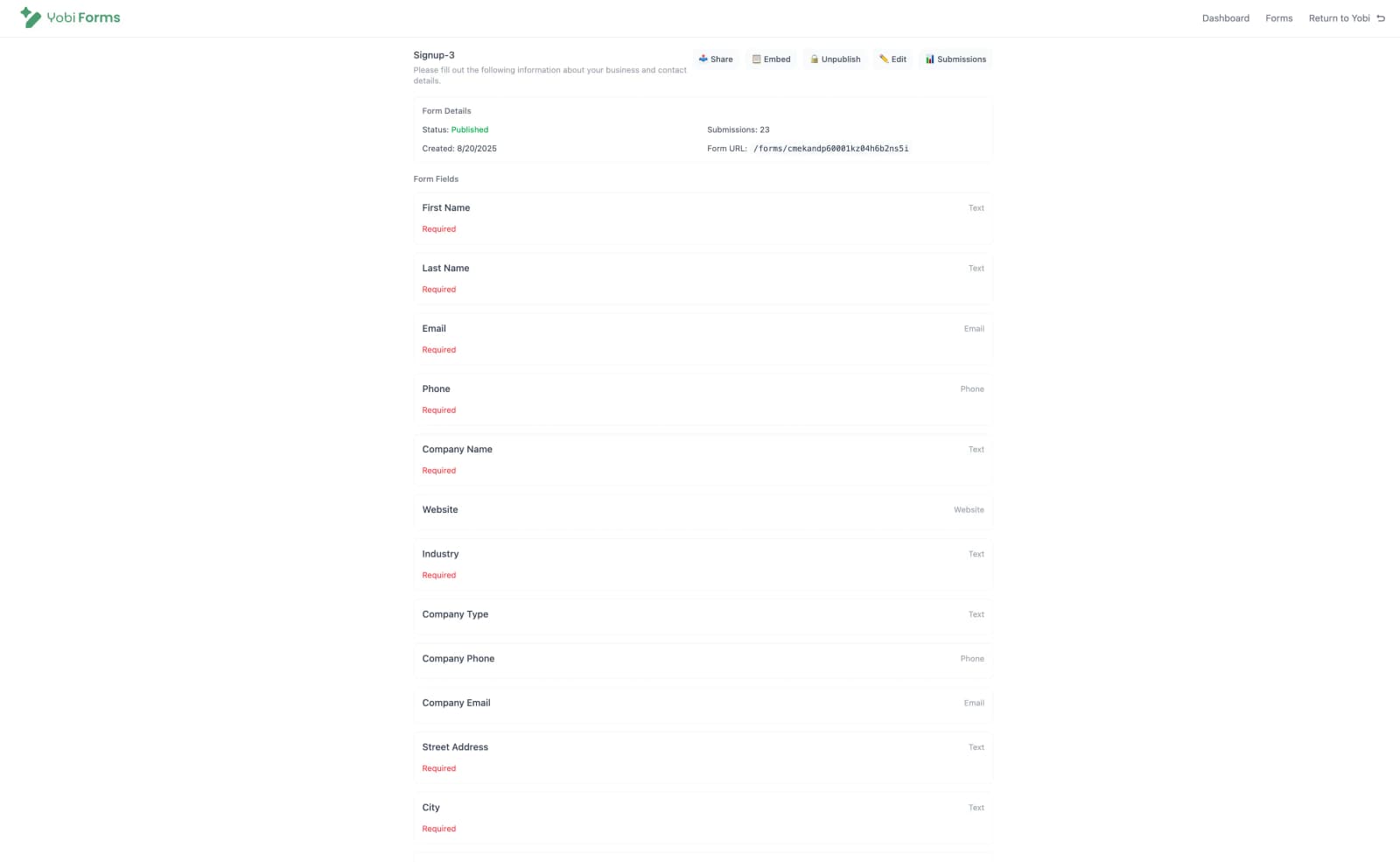 Form details page showing sharing options, embed code, form URL, and submissions count