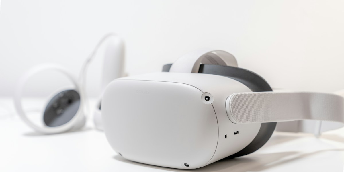 Person wearing VR headset experiencing virtual reality