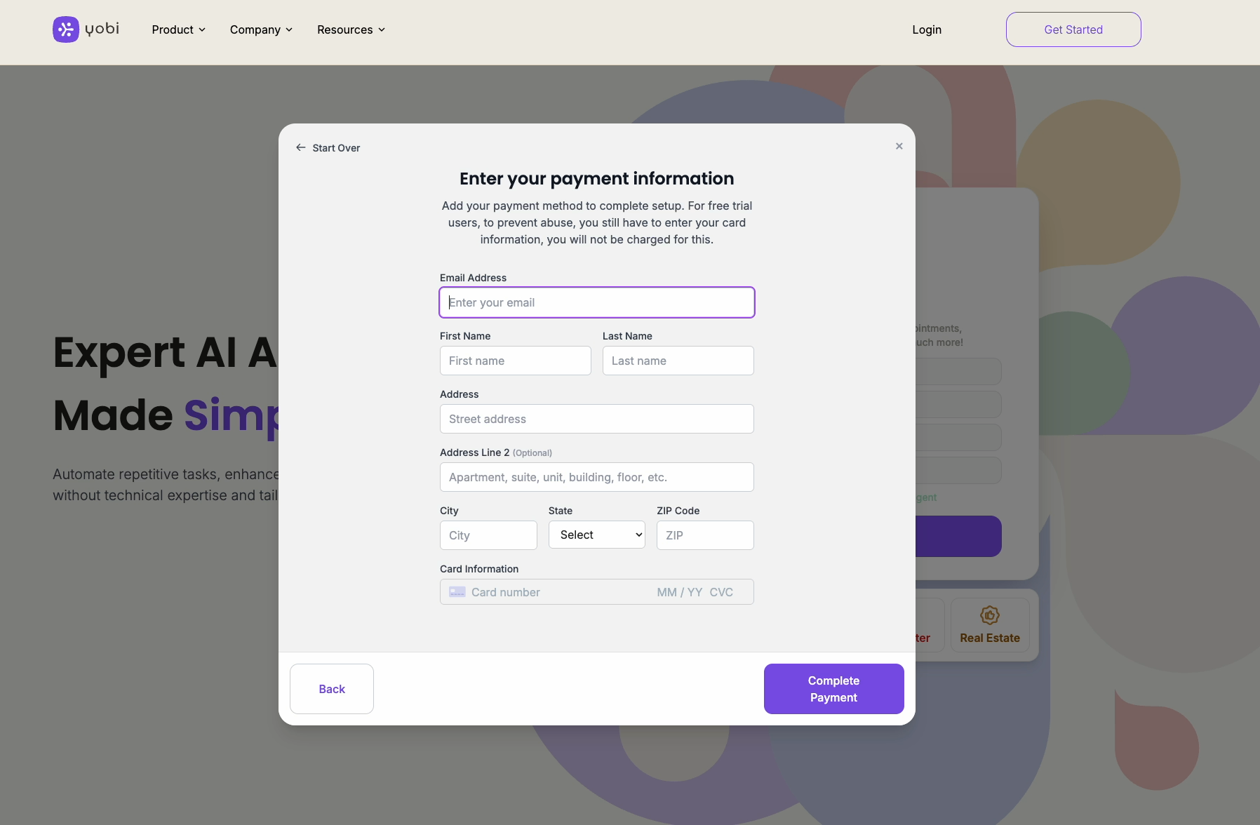 Payment information form for entering credit card details