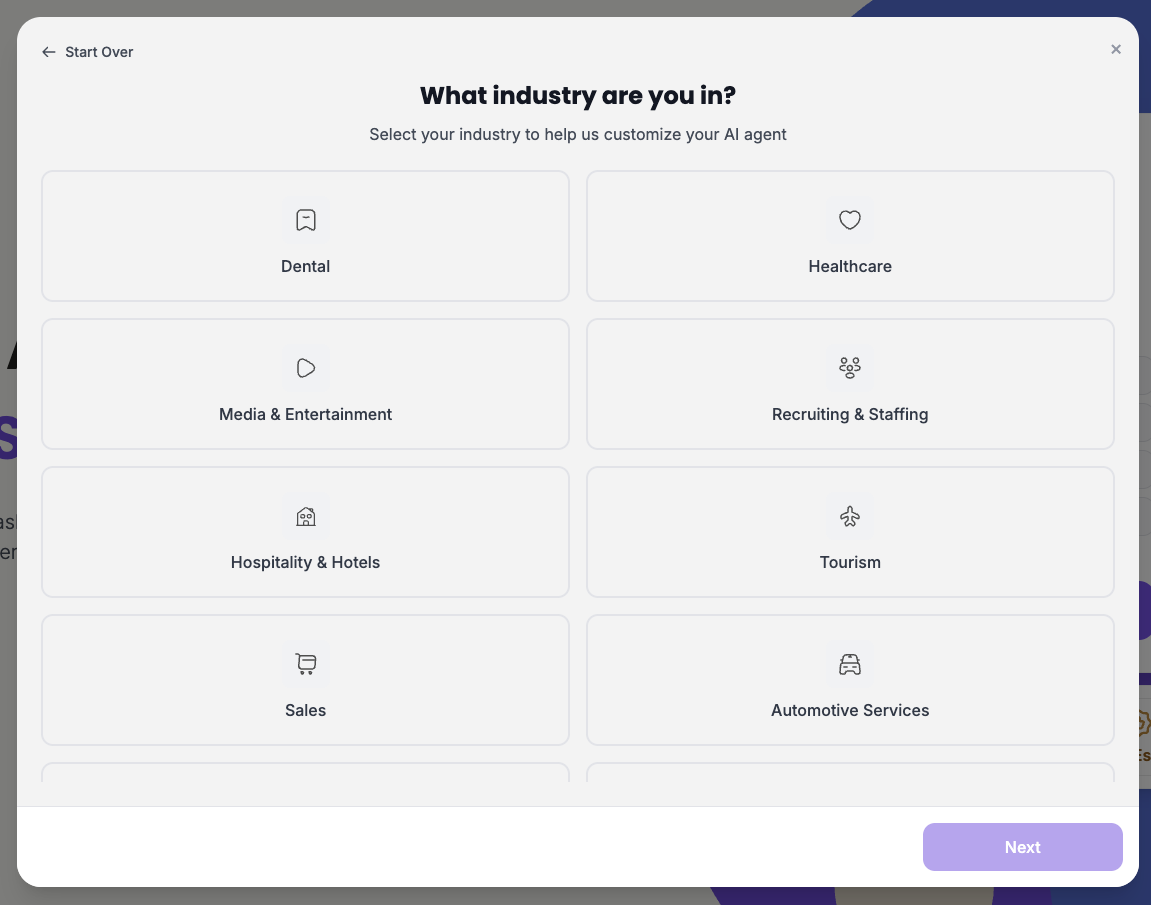Industry selection screen showing various business categories