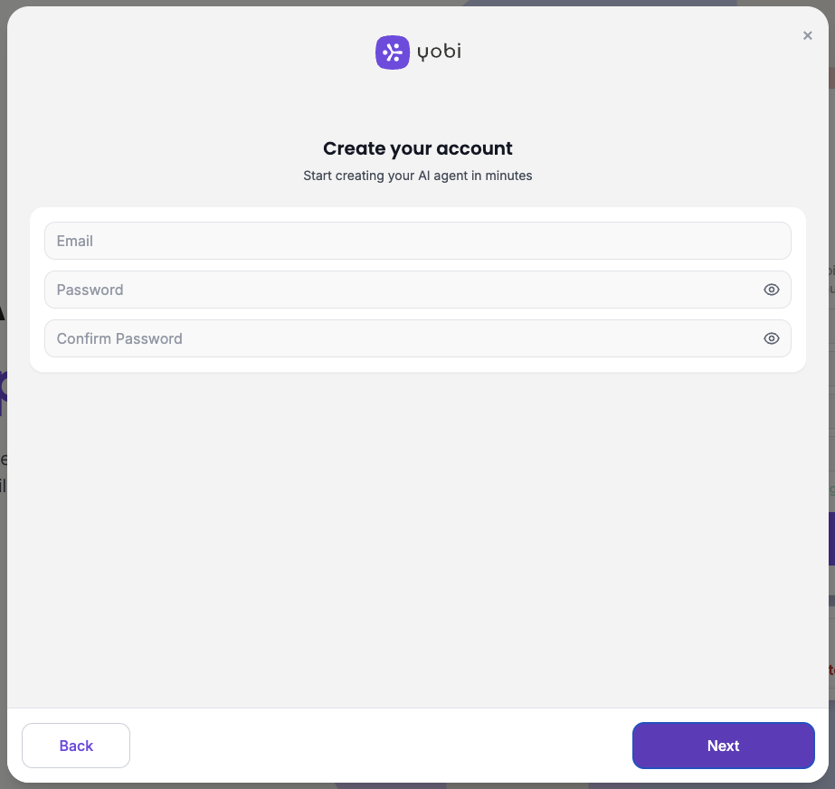 Create account form showing email, password, and confirm password fields