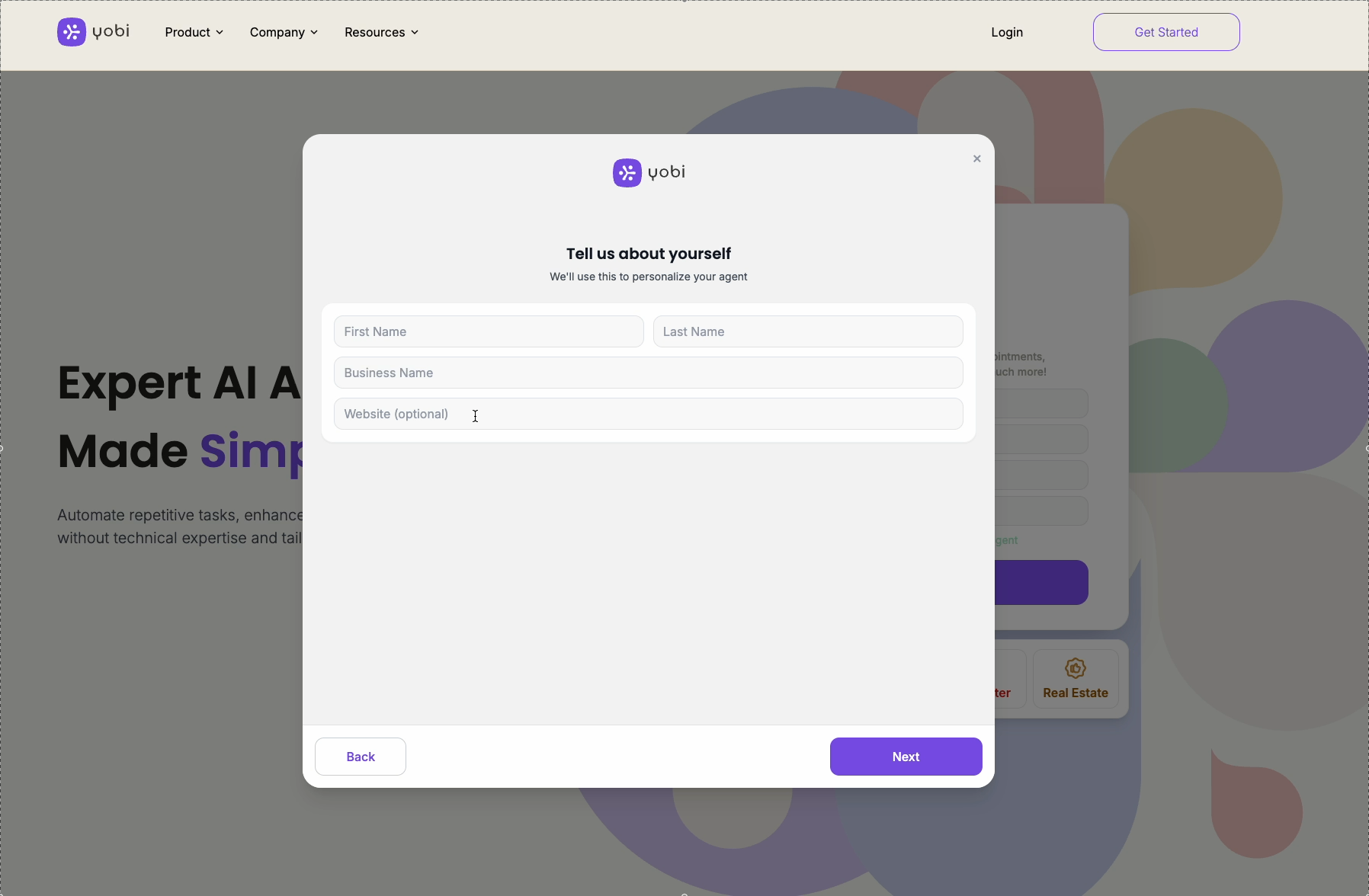Profile completion form showing personal and company information fields