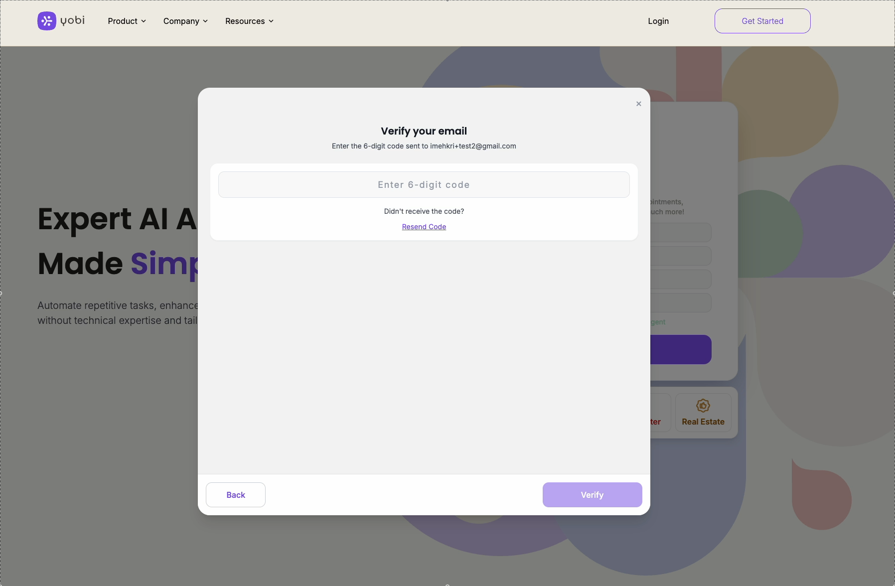 Email verification code entry screen